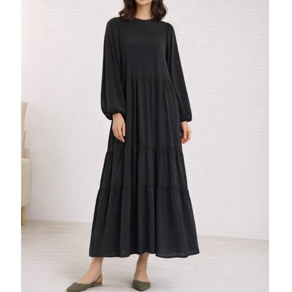Mango MNG Black Tiered Chiffon Midi Dress, XS/S